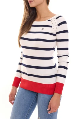Sweater & Pullover*DELMAO Damen Langarm-Shirt gestreiftes Rundhals-Sweatshirt mit Schnürung oder Knöpfen /Rot oder Blau/Weiß
