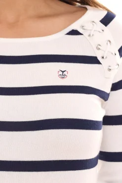 Sweater & Pullover*DELMAO Damen Langarm-Shirt gestreiftes Rundhals-Sweatshirt mit Schnürung oder Knöpfen /Rot oder Blau/Weiß