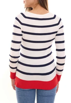 Sweater & Pullover*DELMAO Damen Langarm-Shirt gestreiftes Rundhals-Sweatshirt mit Schnürung oder Knöpfen /Rot oder Blau/Weiß