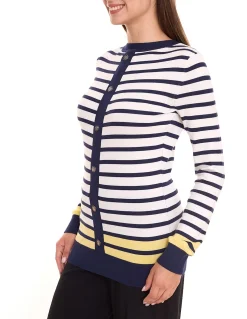 Sweater & Pullover*DELMAO Damen Langarm-Shirt gestreiftes Rundhals-Sweatshirt mit Schnürung oder Knöpfen /Rot oder Blau/Weiß