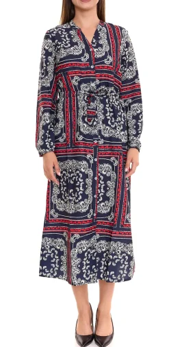Kleider*DELMAO Damen Midi-Kleid mit Allover-Print Langarm-Kleid Sommer-Kleid 58986315 Blau/Rot