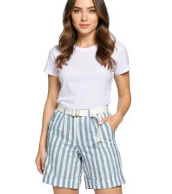 Shorts & Bermudas*DELMAO Damen Shorts mit Gürtel im Streifen-Look kurze Hose mit seitlichen Eingriffstaschen 82611938 Blau/Weiß