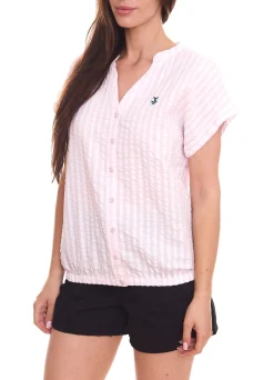Poloshirts & Blusen*DELMAO Damen Sommer-Bluse gestreift Kurzarm-Bluse Sommer-Shirt 89244315 Rosa/Weiß
