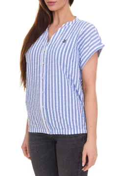 Poloshirts & Blusen*DELMAO Damen Sommer-Bluse gestreift Kurzarm-Bluse Sommer-Shirt 64287360 Blau/Weiß