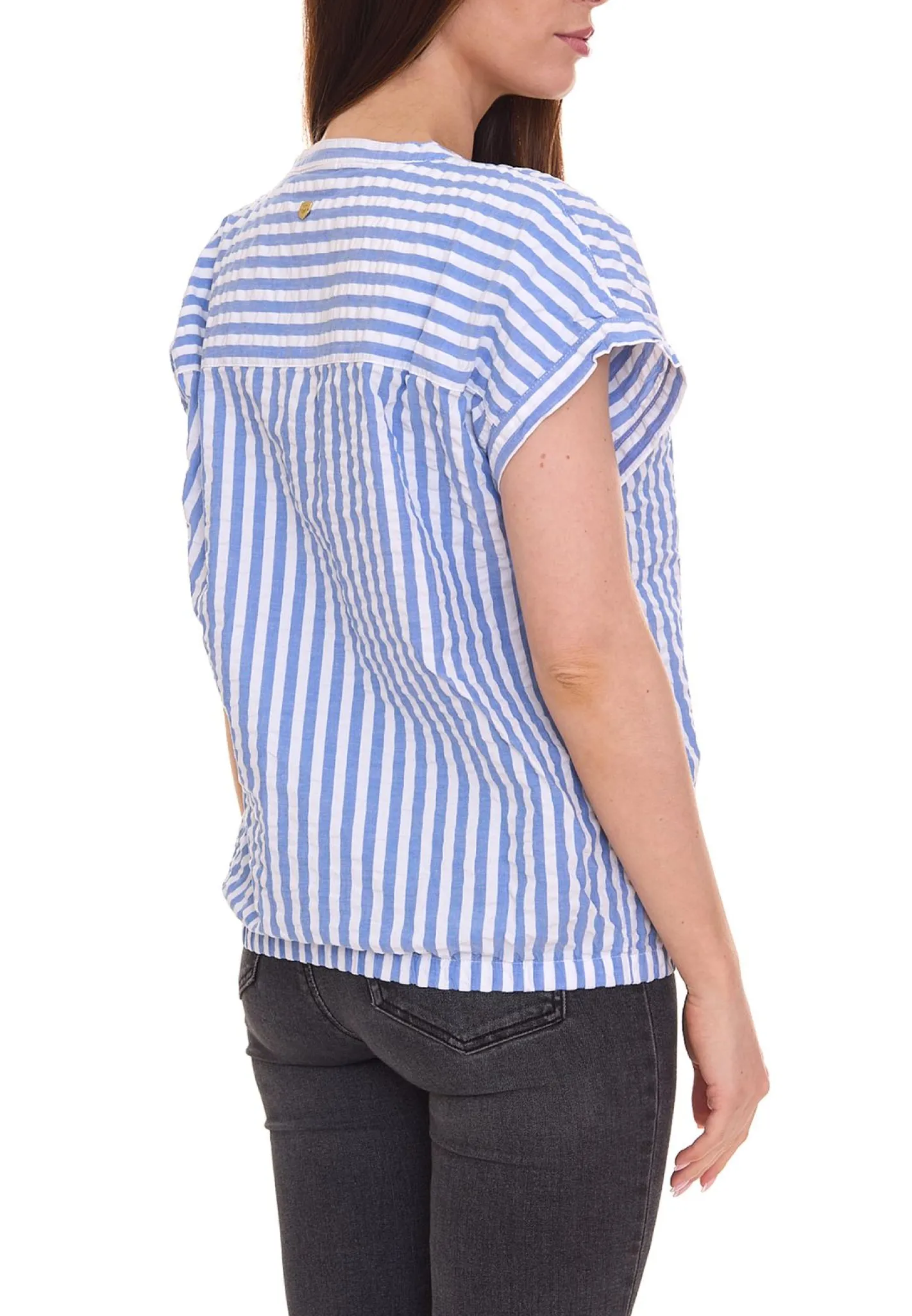 Poloshirts & Blusen*DELMAO Damen Sommer-Bluse gestreift Kurzarm-Bluse Sommer-Shirt 64287360 Blau/Weiß