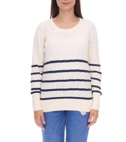 Sweater & Pullover*DELMAO Damen Strick-Pullover gestreifter Baumwoll-Pulli Zopfstrick 94622740 Wollweiß/Navy