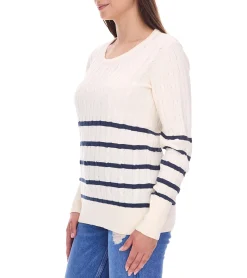 Sweater & Pullover*DELMAO Damen Strick-Pullover gestreifter Baumwoll-Pulli Zopfstrick 94622740 Wollweiß/Navy