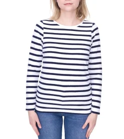 Sweater & Pullover*DELMAO Damen Sweatshirt gestreiftes Baumwoll-Longsleeve Langarm-Shirt 31157031 Weiß/Navy