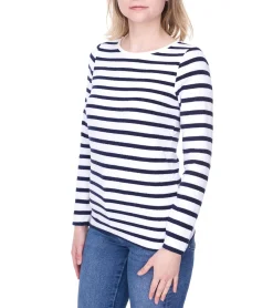 Sweater & Pullover*DELMAO Damen Sweatshirt gestreiftes Baumwoll-Longsleeve Langarm-Shirt 31157031 Weiß/Navy