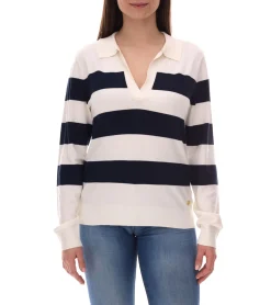 Sweater & Pullover*DELMAO Damen Sweatshirt gestreiftes Langarm-Shirt mit Polo-Kragen Longsleeve 40843715 Weiß/Navy