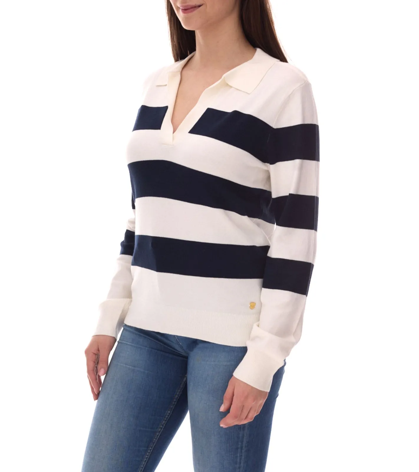 Sweater & Pullover*DELMAO Damen Sweatshirt gestreiftes Langarm-Shirt mit Polo-Kragen Longsleeve 40843715 Weiß/Navy