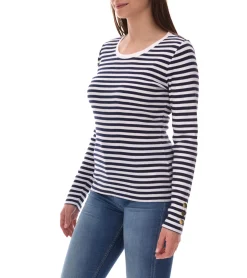 Sweater & Pullover*DELMAO Damen Sweatshirt gestreiftes Baumwoll-Longsleeve Langarm-Shirt 21530737 Weiß/Navy