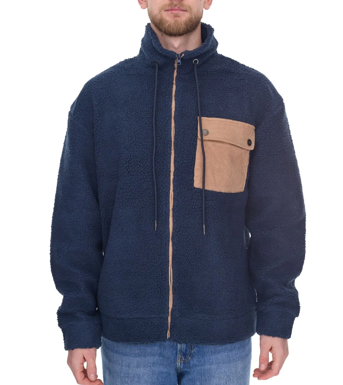 Jacken & Mäntel*Denim Project Herren stylische Teddy-Jacke Fleece-Jacke mit Stehkragen Herbst-Jacke DP-10023-082 574 Dunkelblau/Braun