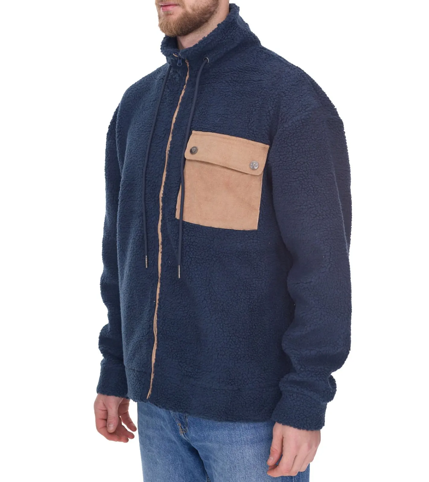 Jacken & Mäntel*Denim Project Herren stylische Teddy-Jacke Fleece-Jacke mit Stehkragen Herbst-Jacke DP-10023-082 574 Dunkelblau/Braun