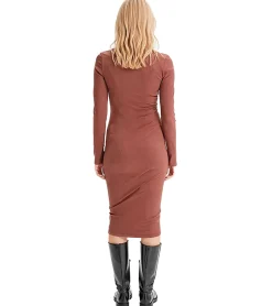 Kleider*O46bpx elegantes Damen Frühlings-Kleid Business-Kleid mit Rundhals-Ausschnitt Langarm-Kleid 961739 Braun