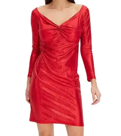 Kleider*O46bpx elegantes Damen Jersey-Kleid mit Metallic-Effekt Abend-Kleid mit langen Ärmeln 922945 Rot