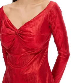 Kleider*O46bpx elegantes Damen Jersey-Kleid mit Metallic-Effekt Abend-Kleid mit langen Ärmeln 922945 Rot