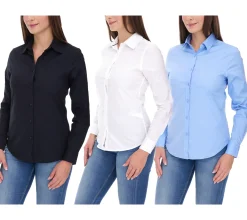 Poloshirts & Blusen*Elevate Hamell Langarm-Hemd schlichtes Damen Blusen-Hemd Popelin Bluse Hellblau, Schwarz oder Weiß