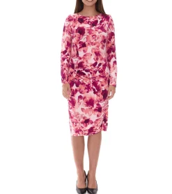 Kleider*O46bpx enganliegendes Damen Midi-Kleid Sommer-Kleid mit Blütendruck und seitlichen Raffungen 928586 Rosa