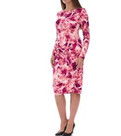 Kleider*O46bpx enganliegendes Damen Midi-Kleid Sommer-Kleid mit Blütendruck und seitlichen Raffungen 928586 Rosa