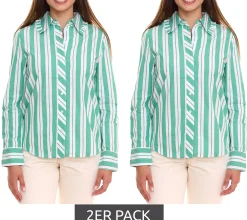 Poloshirts & Blusen*AjC 2er Pack Damen Bluse gestreiftes Langarm-Shirt Baumwolle mit kleinen Rüschen 36148235 Grün/Weiß