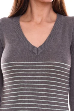 Kleider|Sweater & Pullover*AjC 2er Pack Damen Pullover-Kleid gestreift Midi-Kleid Strick-Kleid in Grau, Schwarz oder Blau