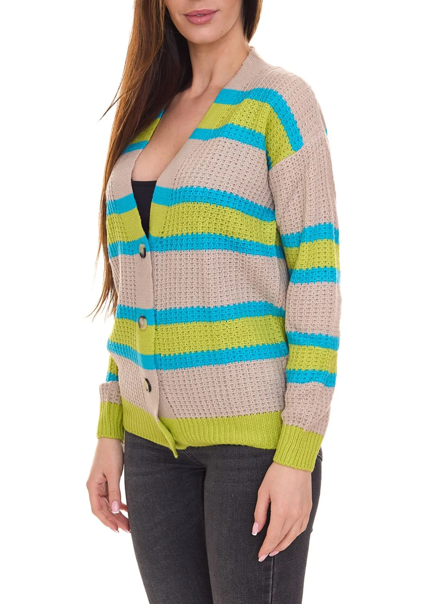 Strickjacken & Cardigans*Aniston 2er Pack CASUAL Damen Strick-Jacke Cardigan mit Knopf-Verschluss 85595338 Beige/Blau/Grün