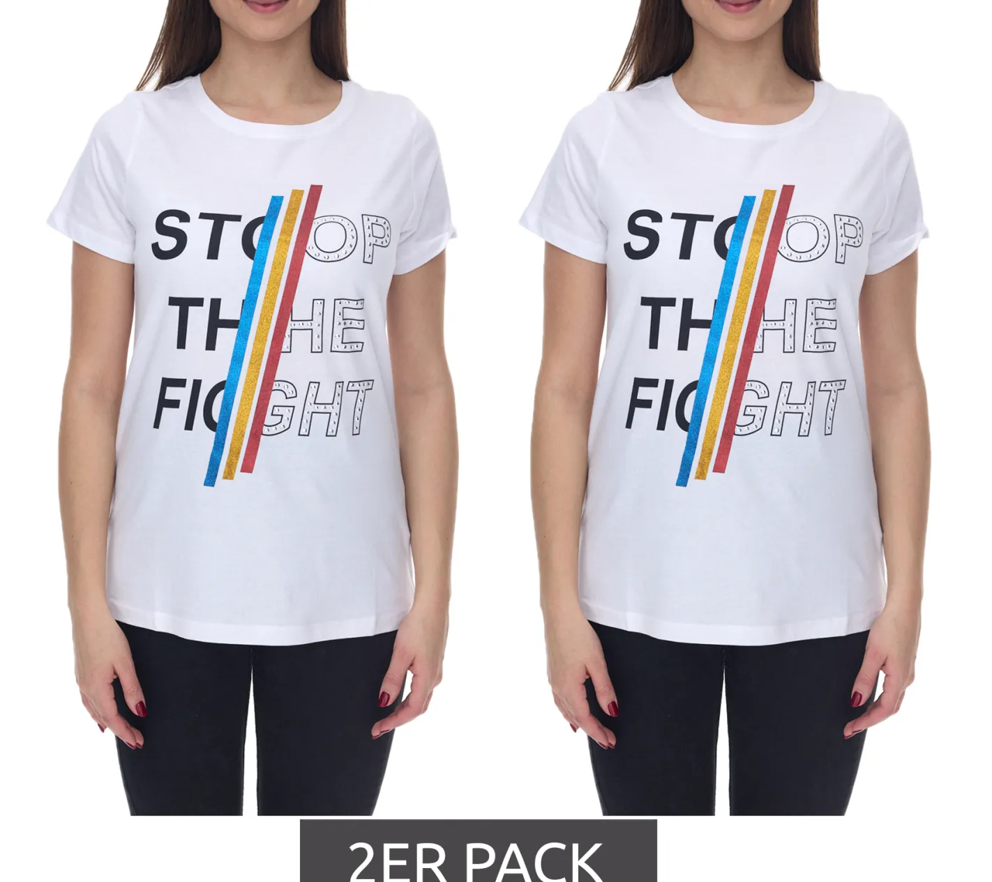 Tops & T-Shirts*Aniston 2er Pack CASUAL Kurzarm-Shirt Damen Baumwoll-T-Shirt mit STOP THE FIGHT Schriftzug 2281 4642 Weiß