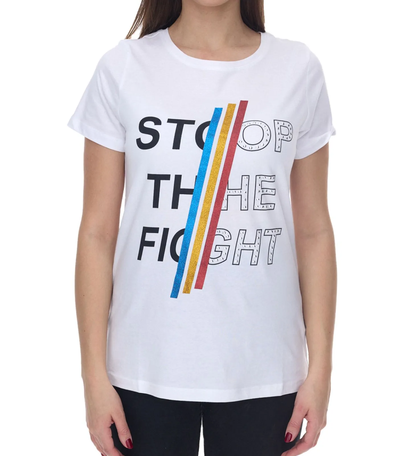 Tops & T-Shirts*Aniston 2er Pack CASUAL Kurzarm-Shirt Damen Baumwoll-T-Shirt mit STOP THE FIGHT Schriftzug 2281 4642 Weiß