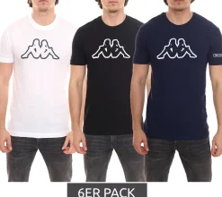 T-Shirts & Tank Tops*Kappa 6er Pack Herren Baumwoll-Shirt Rundhals-Shirt mit großem Logo-Patch Kurzarm-Shirt Blau, Schwarz oder Weiß