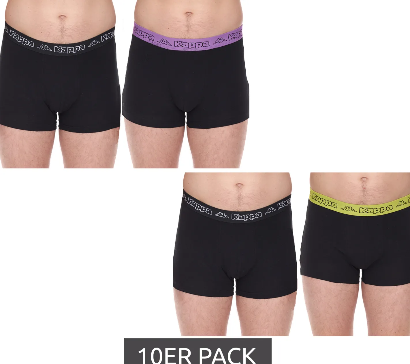 Unterwäsche|Boxershorts*Kappa 10er Pack Herren Boxershorts mit Marken Schriftzug und Logo Unterhose 351K1JW Schwarz/Lime oder Schwarz/Violett