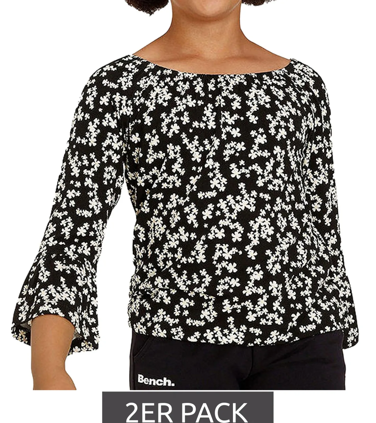 T-Shirts & Tank Tops*KIDSWORLD 2er Pack Mädchen Sommer-Shirt mit Trompetenärmeln und Allover Blumen-Print Sparpack Rundhals-Shirt 94928611 Schwarz