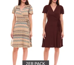 Kleider*Laura Scott 2er Pack Damen Wickel-Kleid schicke Mini-Kleid mit Allover Zacken-Muster 61595346 Braun/Bunt