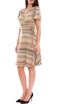 Kleider*Laura Scott 2er Pack Damen Wickel-Kleid schicke Mini-Kleid mit Allover Zacken-Muster 61595346 Braun/Bunt