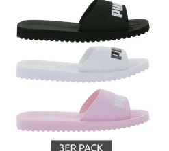 Zehentrenner & Sandalen*PUMA 3er Pack Purecat Bade-Latschen für Damen und Herren Sommer-Schlappen mit EVA-Sohle 360262 Schwarz, Weiß oder Rosa