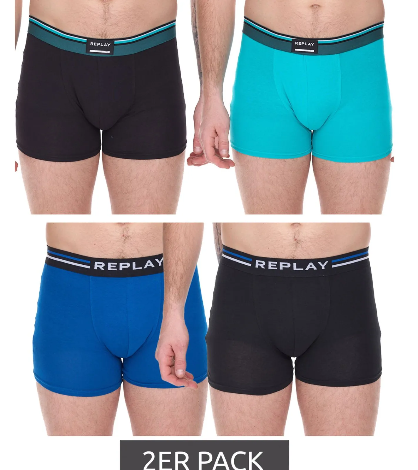 Unterwäsche|Boxershorts*REPLAY 2er Pack Herren Retro Boxershorts Baumwoll-Unterwäsche oder Schwarz/Blau Schwarz/Türkis