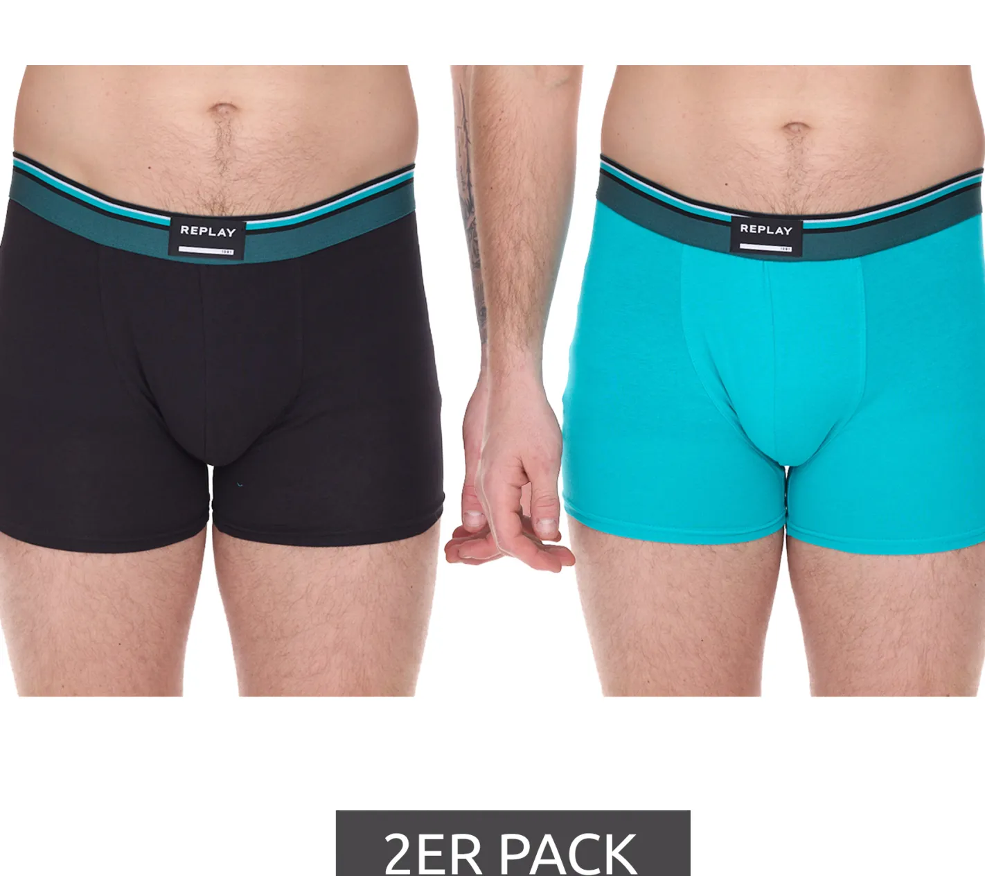 Unterwäsche|Boxershorts*REPLAY 2er Pack Herren Retro Boxershorts Baumwoll-Unterwäsche oder Schwarz/Blau Schwarz/Türkis