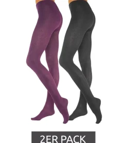 Strümpfe & Socken|Große Größen*ROGO 2er Pack X LAVANA Damen Baumwoll-Strumpfhose Leggings bequeme Strumpf-Hose 231530 Schwarz/Lila