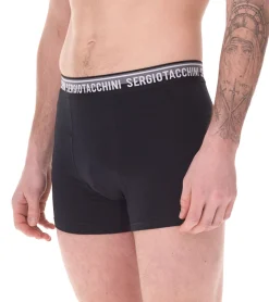 Unterwäsche|Boxershorts*Sergio Tacchini 2er Pack Herren Boxershorts mit zweifarbigen Bund und weißen Schriftzug Baumwoll-Unterhose 160gsm 23.0000.974 Schwarz/Weiß, Schwarz/Grau oder Schwarz