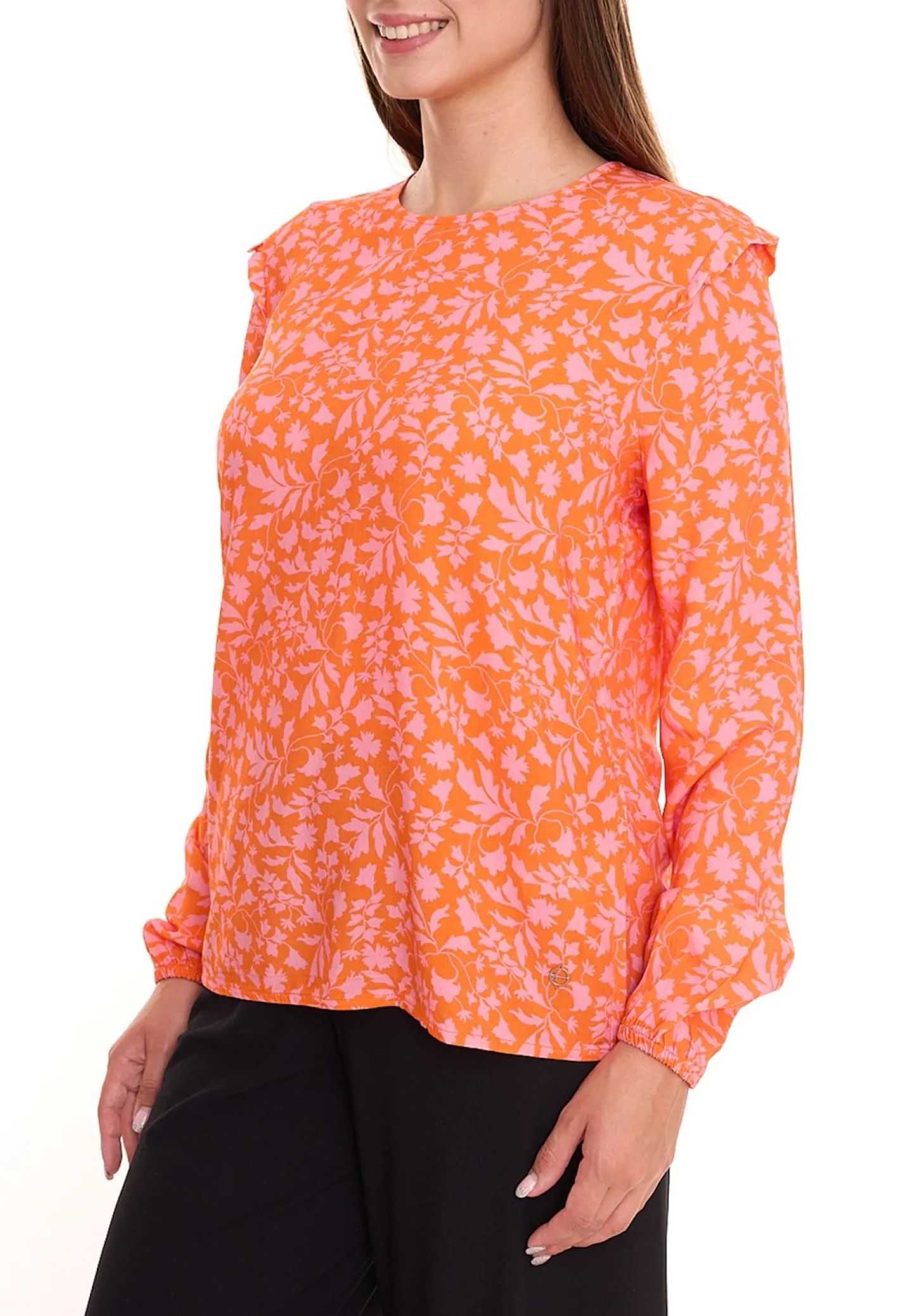 Poloshirts & Blusen*Tamaris 2er Pack Blusen-Shirt Damen Langarm-Bluse mit floralem Muster und kleinen Rüschen 50537609 Orange/Pink