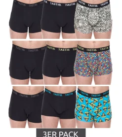 Unterwäsche|Boxershorts*TASTIQ 3er Pack Herren Boxershorts mit Pizza- / US-Dollar- oder Müsli-Print Baumwoll-Unterhose in Geschenkbox Unterwäsche Tas/1/BCX3 Schwarz/Blau/Grün/Gelb