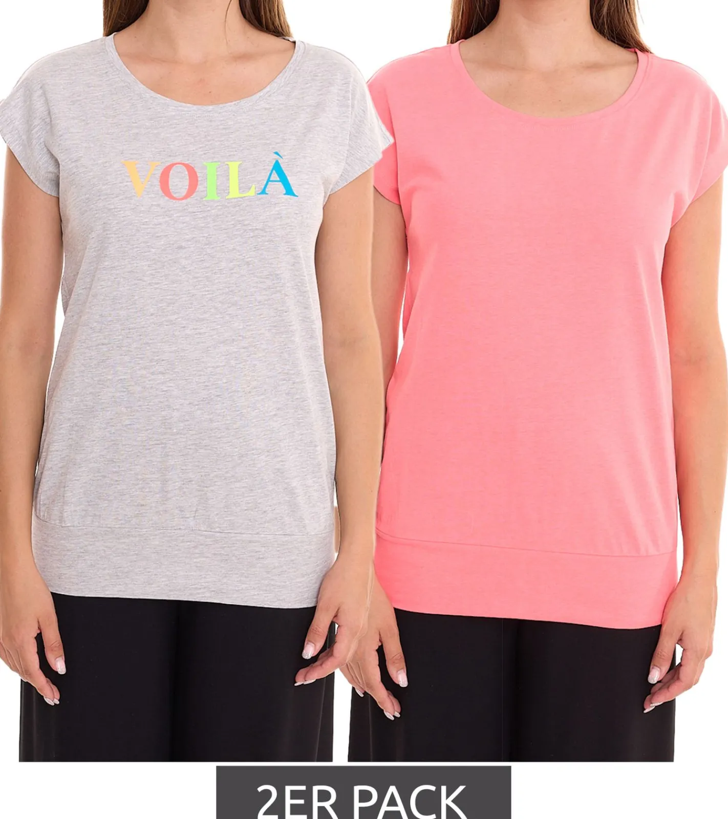 Tops & T-Shirts*AjC 2er Set Damen T-Shirt Rundhals-Shirt Baumwoll-Shirt Kurzarm-Shirt 71333114 Grau/Rosa
