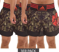 Sportunterbekleidung|Fitnessmode & Jogginghosen*adidas 3er Sparpack Thaibox-Shorts Kickbox-Shorts für Damen und Herren Sport-Shorts aus Satin mit Allover-Print ADISKB02 C Schwarz/Grün