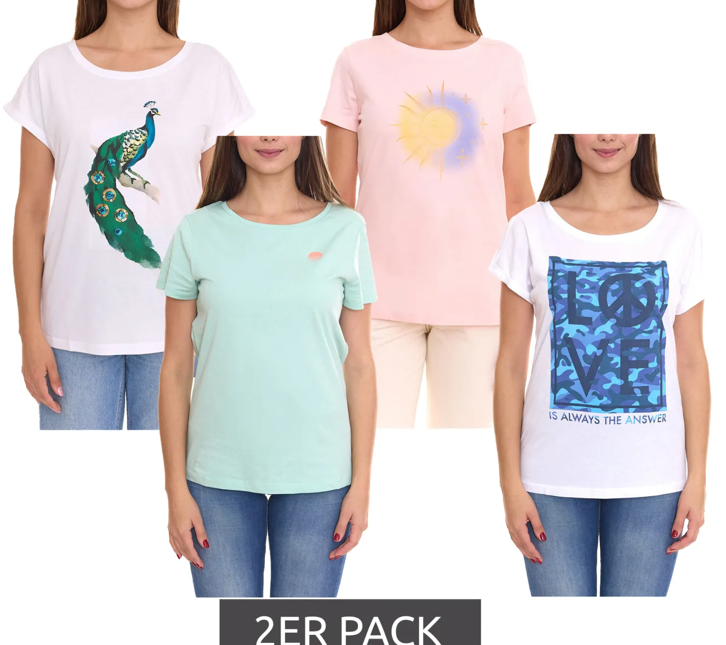 Tops & T-Shirts*AjC 2er Sparpack Damen T-Shirt mit verschiedenen Prints kurzärmliges Sommer-Shirt Baumwolle Mint, Rosa oder Weiß