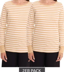 Sweater & Pullover*DELMAO 2er Sparpack Striped Interlock Damen Langarm-Shirt gestreiftes Baumwoll-Longsleeve 60056433 Beige/Weiß