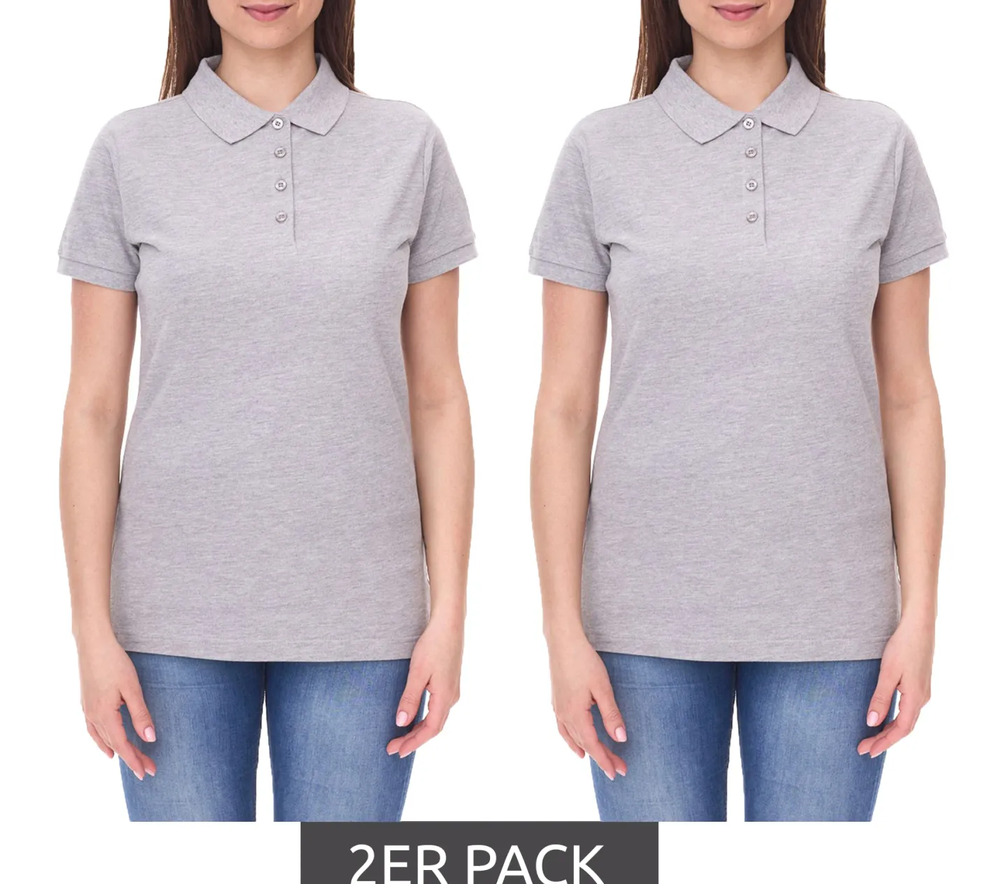 Poloshirts & Blusen*SANTINO 2er Sparpack Mika Damen Polo-Shirt aus Bio-Baumwolle Polo-Hemd mit 4er Knopfleiste Kurzarm-Shirt meliert 210 gr/m2 Grau