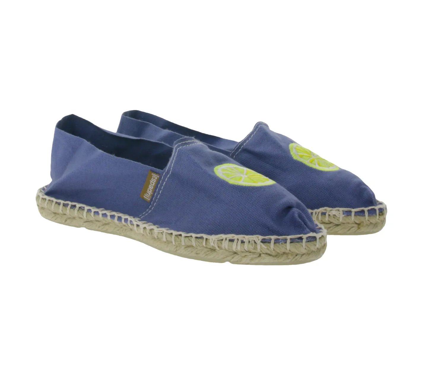 Pantoffeln & Hausschuhe*Espadrij Classic Brodé mules Damen sommerliche Schlüpf-Schuhe Hausschuhe mit Zitronen-Strick auf der Front Ozeanblau