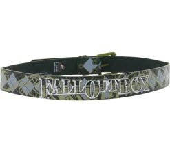 Gürtel*BioworldMerch FALL OUT BOY Gürtel der Alternative-Rock-Band für Damen und Herren Einheitsgröße 100cm mit Rautenmuster, Prägung und Schriftzug Freizeit-Gürtel Schwarz/Grün/Blau
