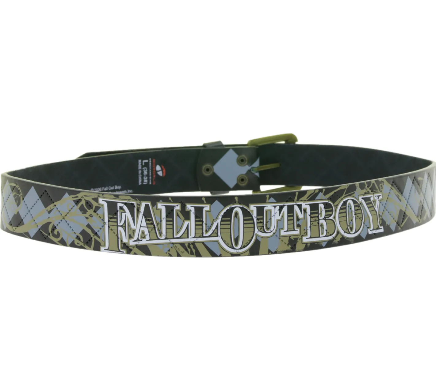 Gürtel*BioworldMerch FALL OUT BOY Gürtel der Alternative-Rock-Band für Damen und Herren Einheitsgröße 100cm mit Rautenmuster, Prägung und Schriftzug Freizeit-Gürtel Schwarz/Grün/Blau