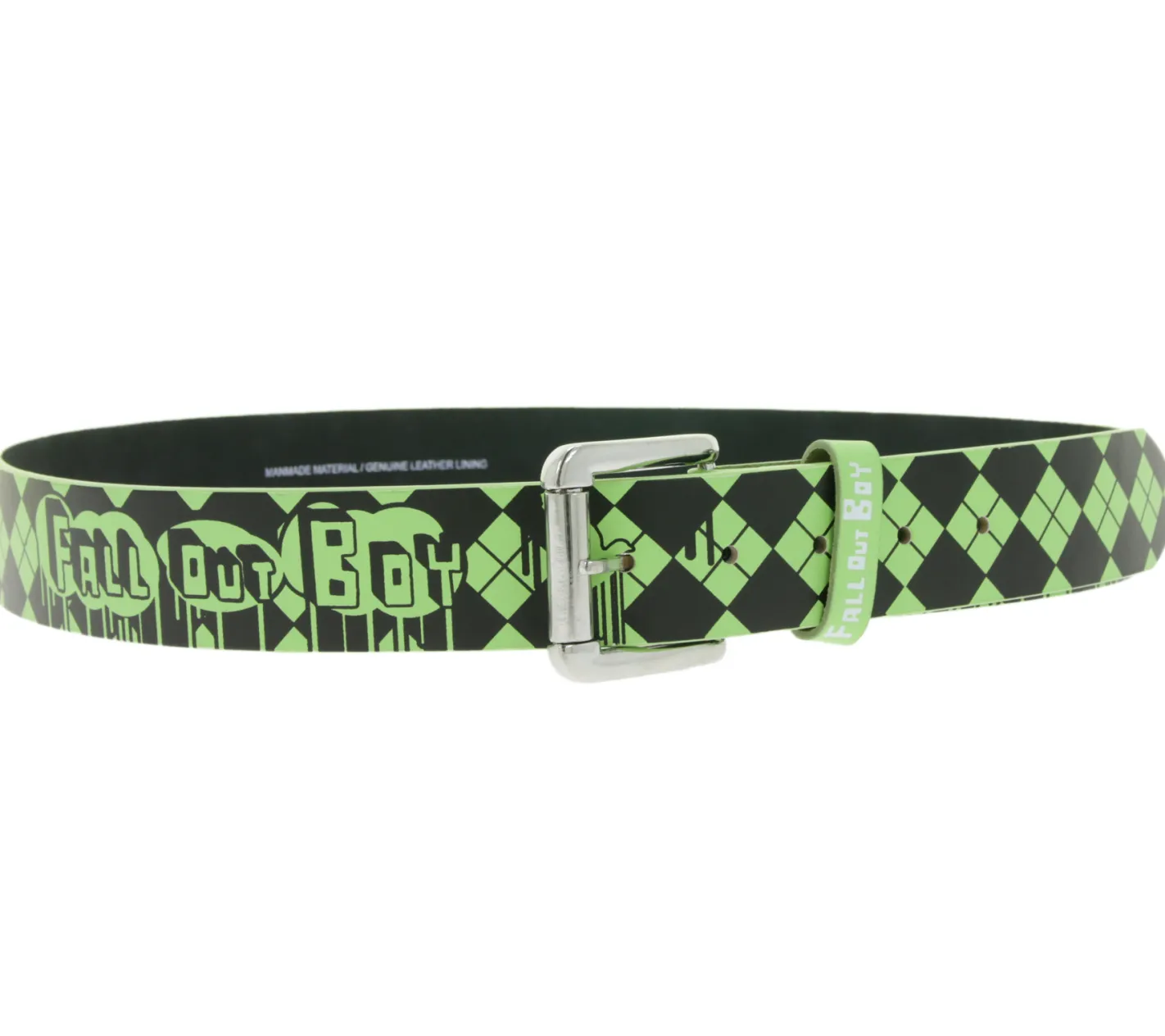 Gürtel*BioworldMerch FALL OUT BOY Gürtel der Alternative-Rock-Band für Damen und Herren Einheitsgröße 100cm mit Rautenmuster und Schriftzug Freizeit-Gürtel Schwarz/Grün